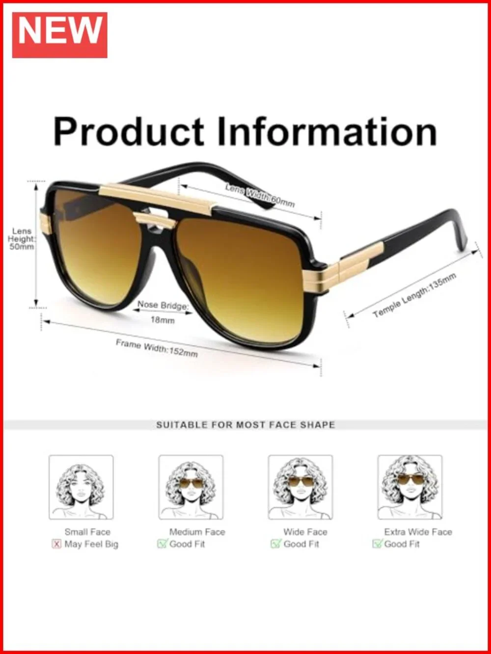 Oversized Aviator Sunglasses Square Frame Gold Metal Details Non-Polarized